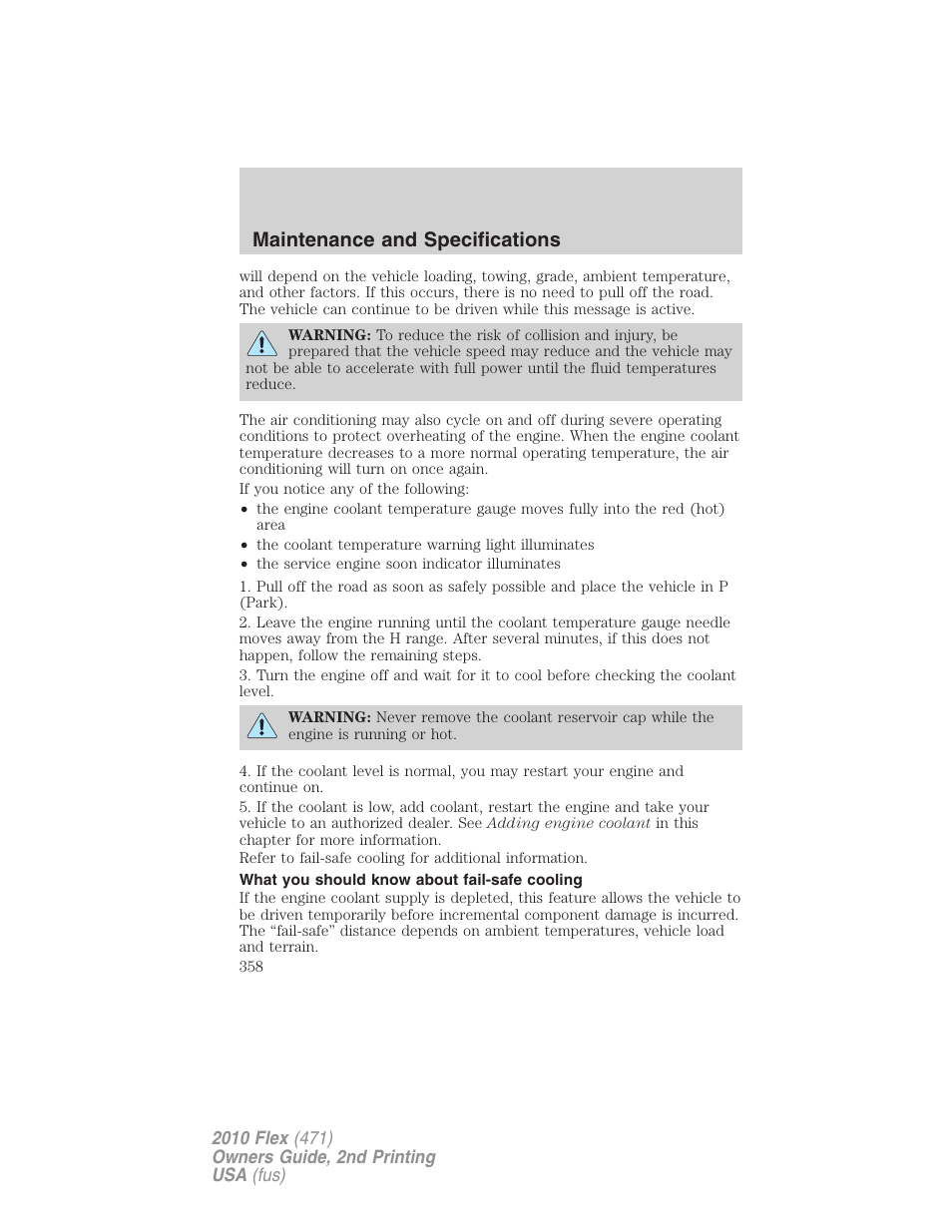 What you should know about fail-safe cooling, Maintenance and specifications | FORD 2010 Flex v.2 User Manual | Page 358 / 399