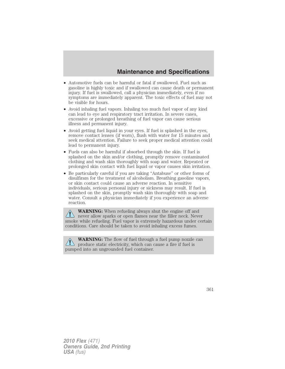 Maintenance and specifications | FORD 2010 Flex v.2 User Manual | Page 361 / 399