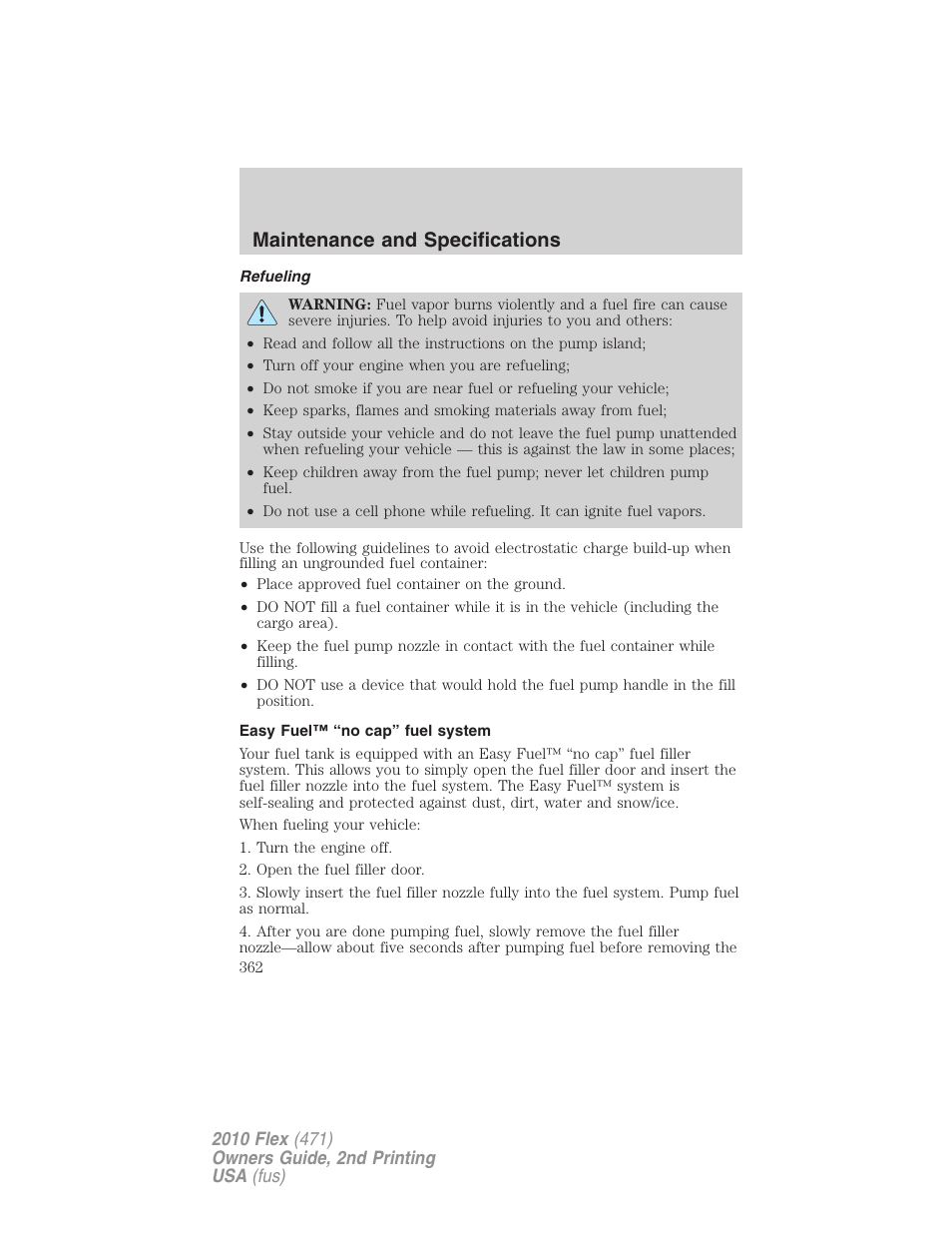 Refueling, Easy fuel™ “no cap” fuel system, Maintenance and specifications | FORD 2010 Flex v.2 User Manual | Page 362 / 399