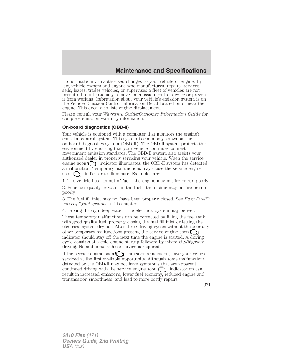 On-board diagnostics (obd-ii), Maintenance and specifications | FORD 2010 Flex v.2 User Manual | Page 371 / 399