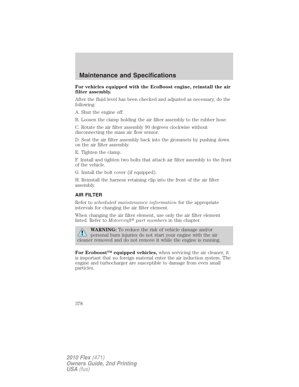 Air filter, Air filter(s), Maintenance and specifications | FORD 2010 Flex v.2 User Manual | Page 378 / 399