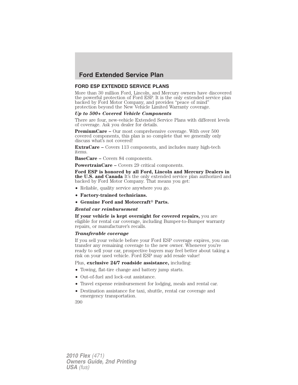 Ford extended service plan, Ford esp extended service plans | FORD 2010 Flex v.2 User Manual | Page 390 / 399