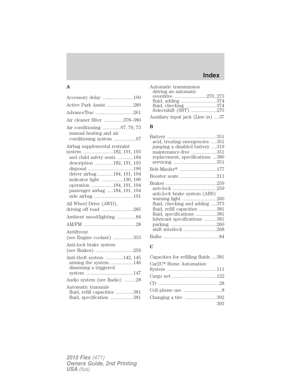 Index | FORD 2010 Flex v.2 User Manual | Page 393 / 399