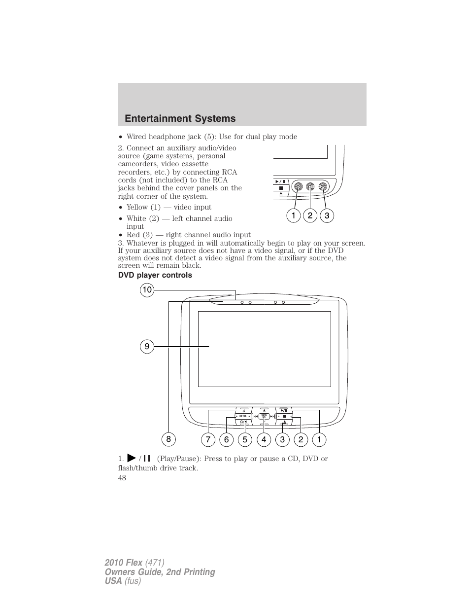 Dvd player controls, Entertainment systems | FORD 2010 Flex v.2 User Manual | Page 48 / 399