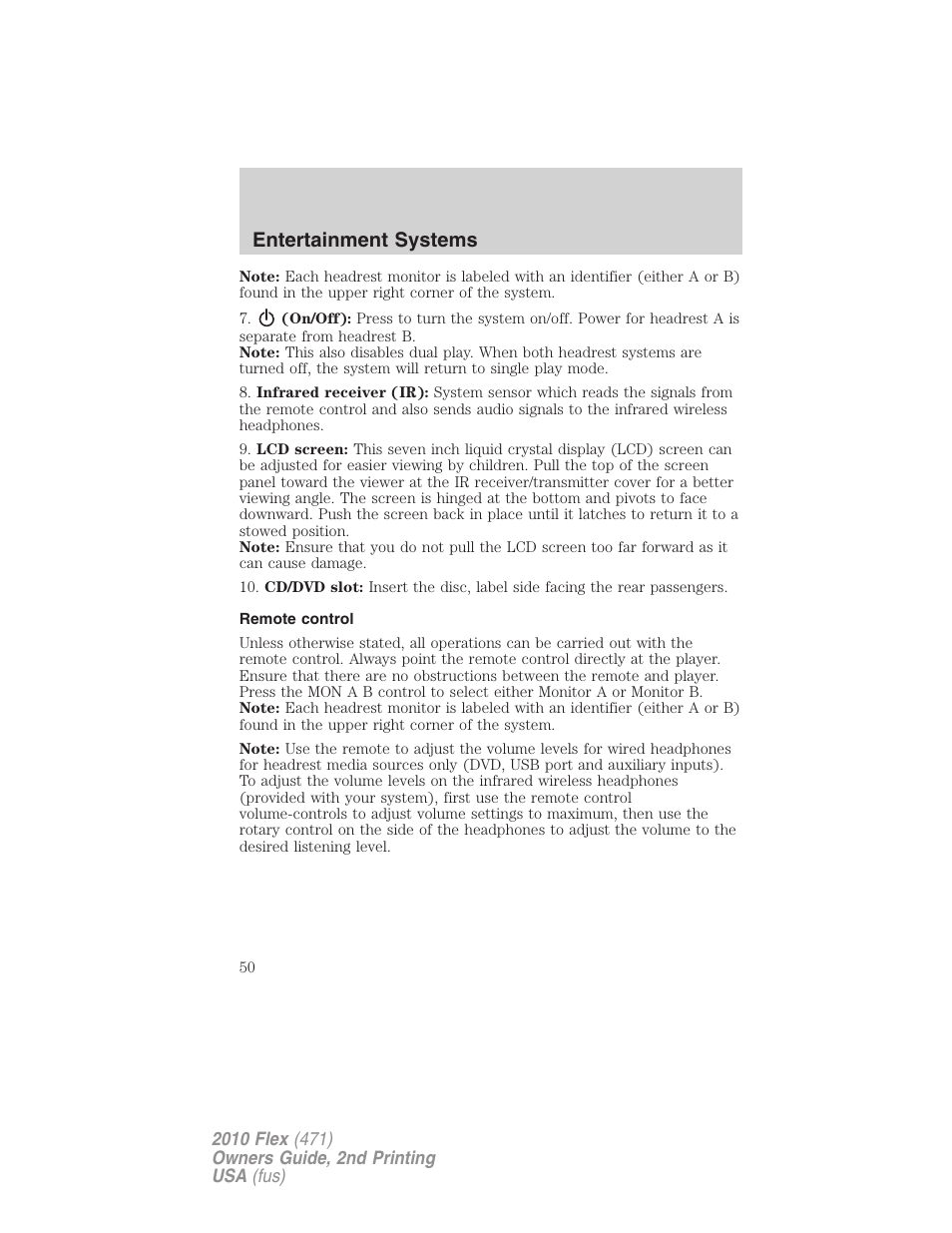 Remote control, Entertainment systems | FORD 2010 Flex v.2 User Manual | Page 50 / 399