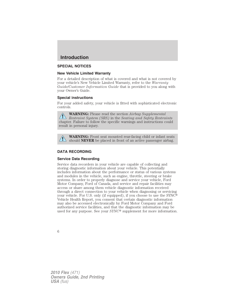 Special notices, New vehicle limited warranty, Special instructions | Data recording, Service data recording, Introduction | FORD 2010 Flex v.2 User Manual | Page 6 / 399