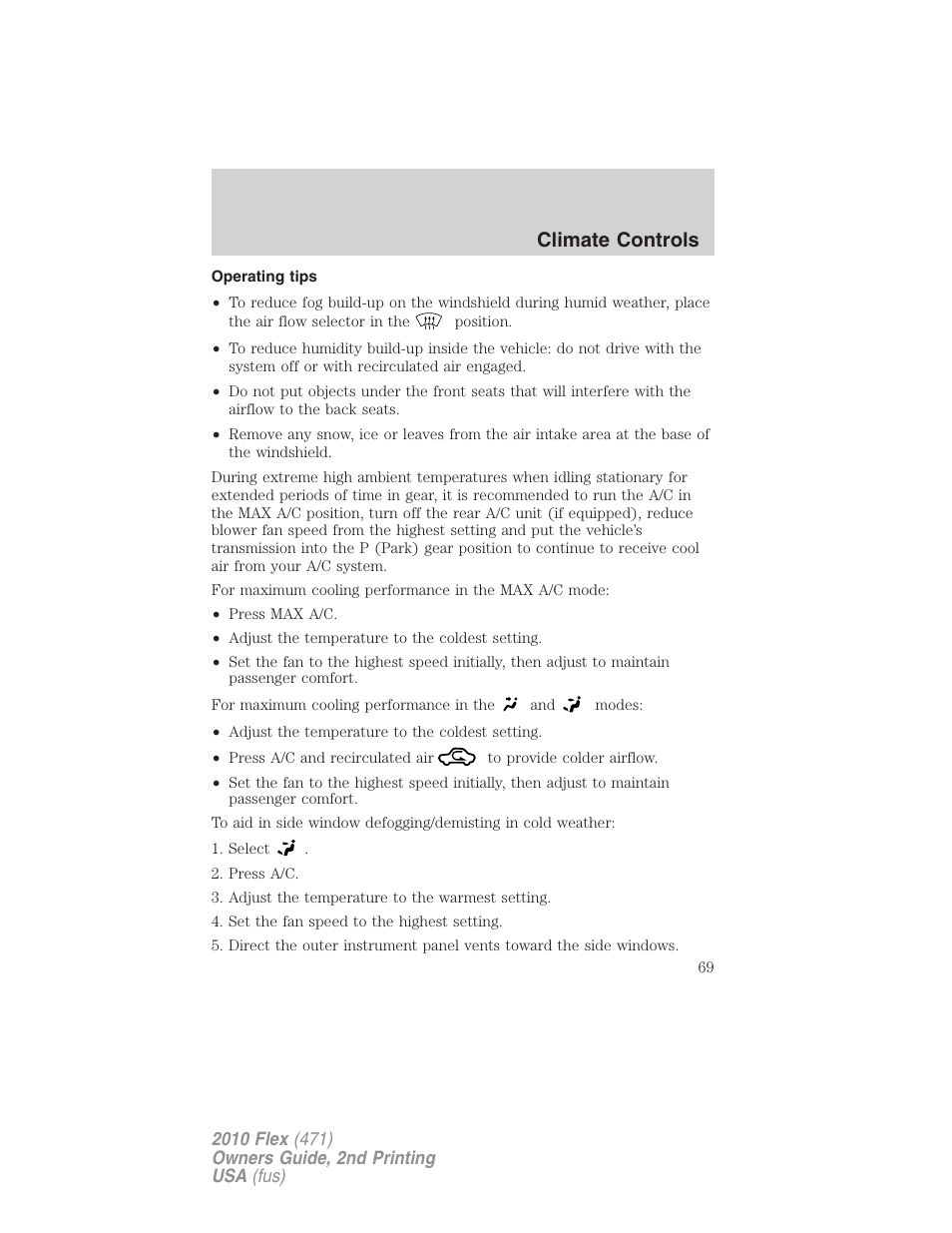 Operating tips, Climate controls | FORD 2010 Flex v.2 User Manual | Page 69 / 399