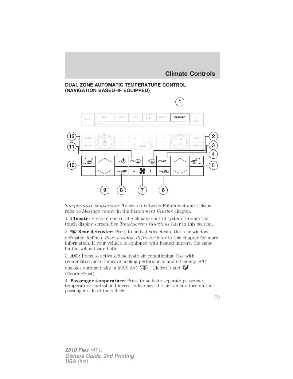 Navigation system based climate control, Climate controls | FORD 2010 Flex v.2 User Manual | Page 73 / 399