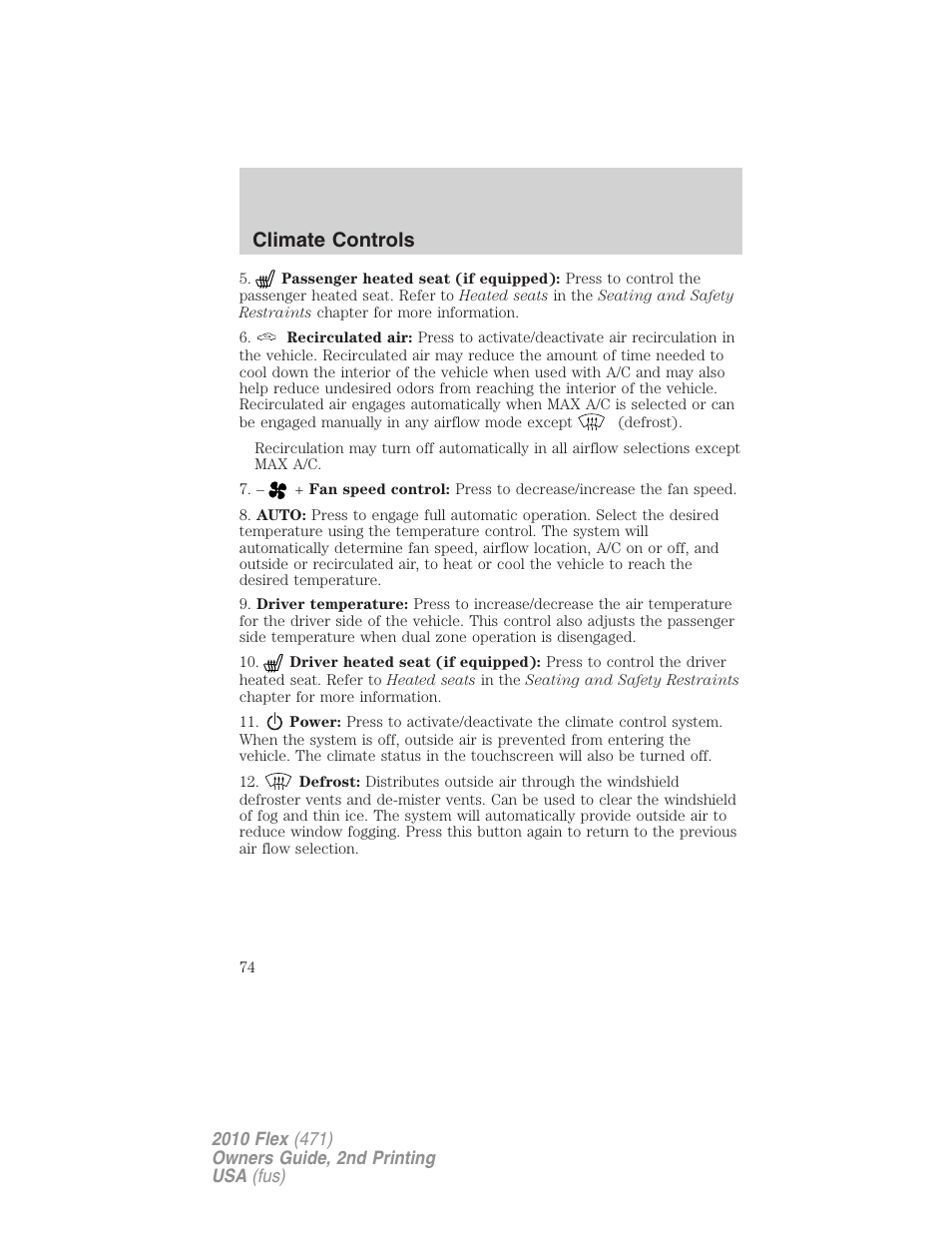 Climate controls | FORD 2010 Flex v.2 User Manual | Page 74 / 399