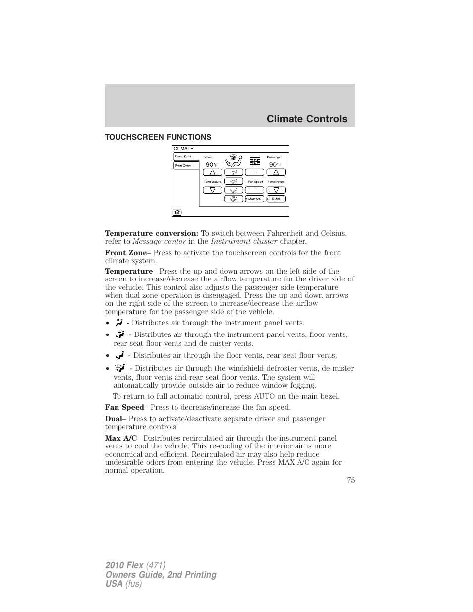 Touchscreen functions, Climate controls | FORD 2010 Flex v.2 User Manual | Page 75 / 399