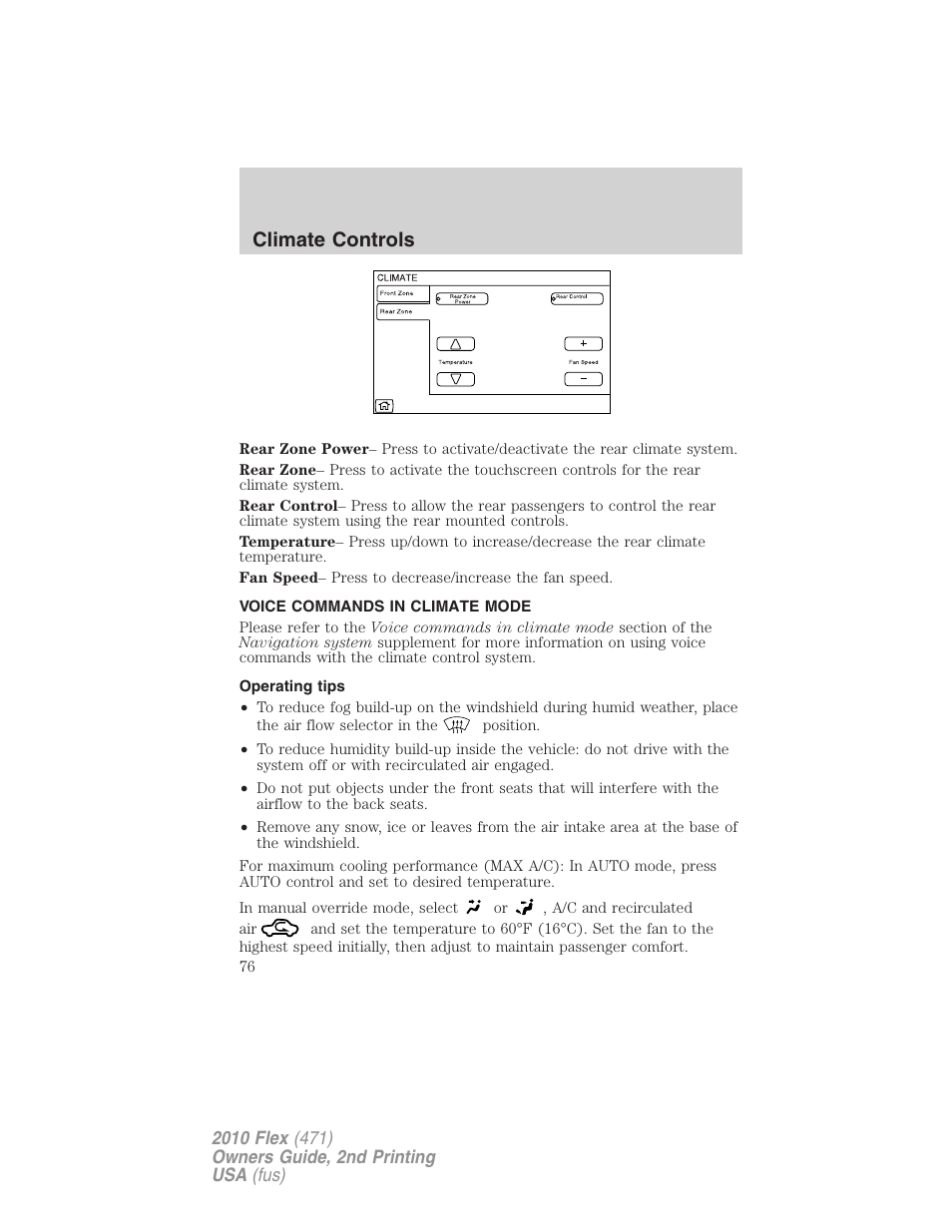 Voice commands in climate mode, Operating tips, Climate controls | FORD 2010 Flex v.2 User Manual | Page 76 / 399