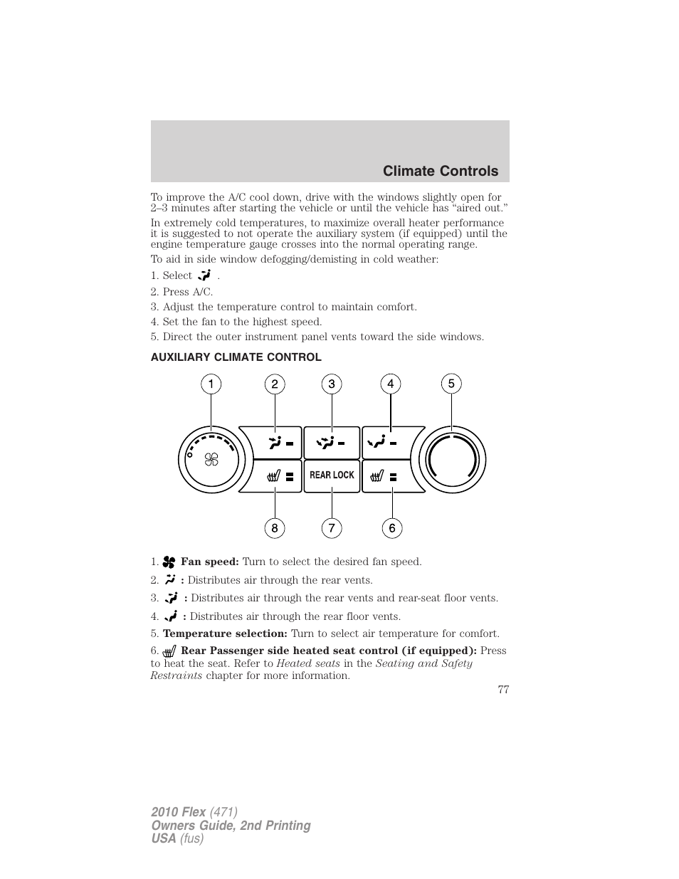 Auxiliary climate control, Climate controls | FORD 2010 Flex v.2 User Manual | Page 77 / 399