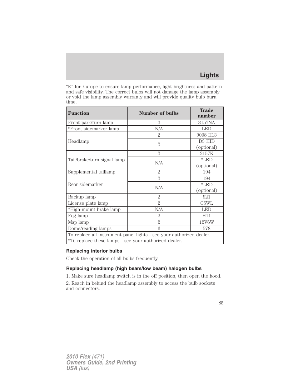 Replacing interior bulbs, Lights | FORD 2010 Flex v.2 User Manual | Page 85 / 399