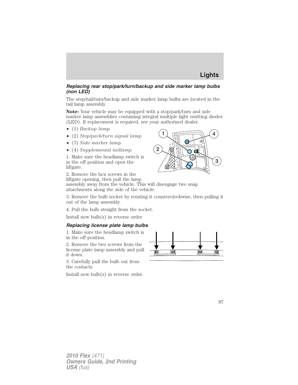 Replacing license plate lamp bulbs, Lights | FORD 2010 Flex v.2 User Manual | Page 87 / 399