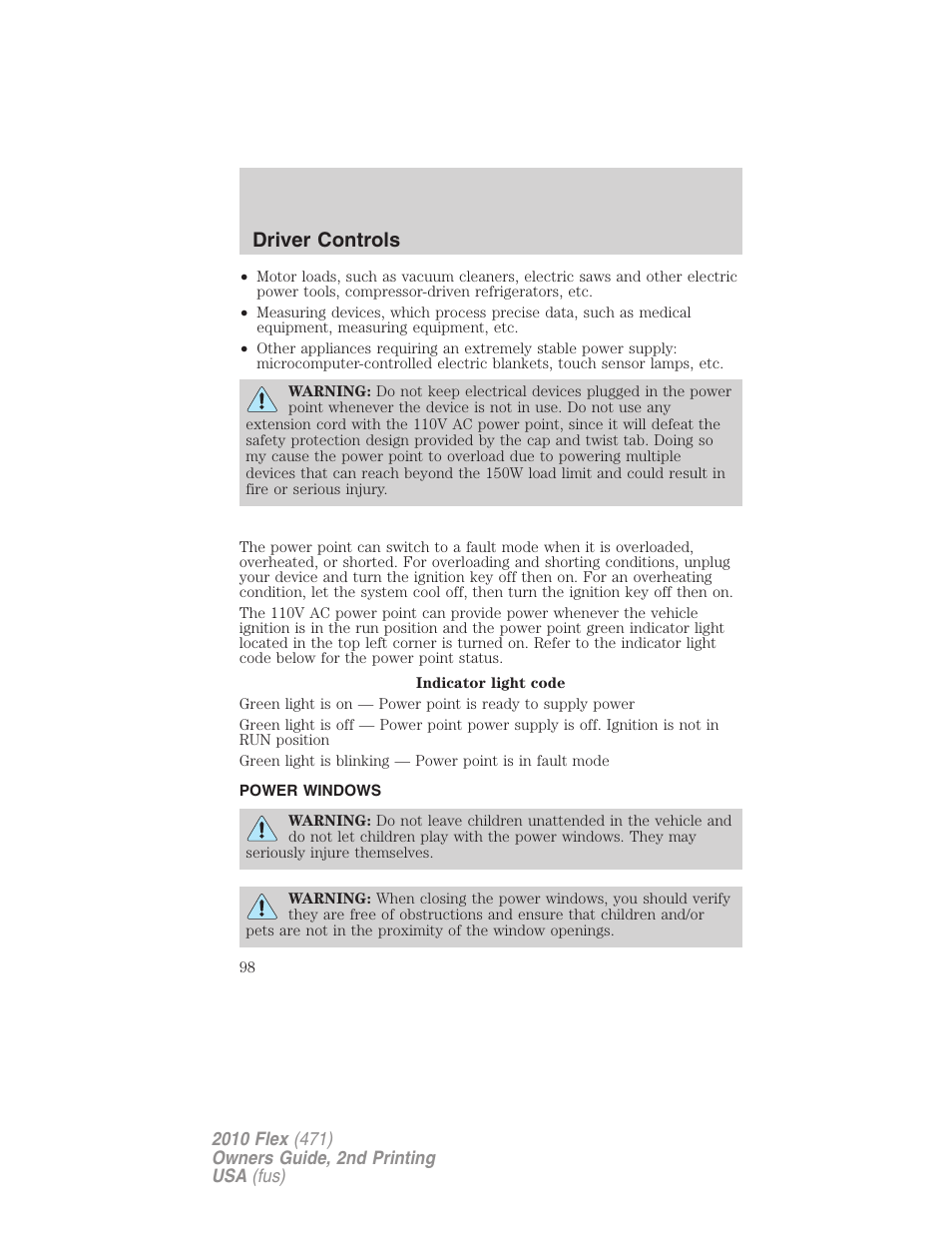 Power windows, Driver controls | FORD 2010 Flex v.2 User Manual | Page 98 / 399