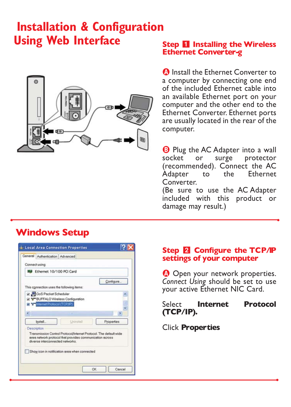 Installation & configuration using web interface, Windows setup | Buffalo Technology WLI-TX1-G54 User Manual | Page 2 / 8