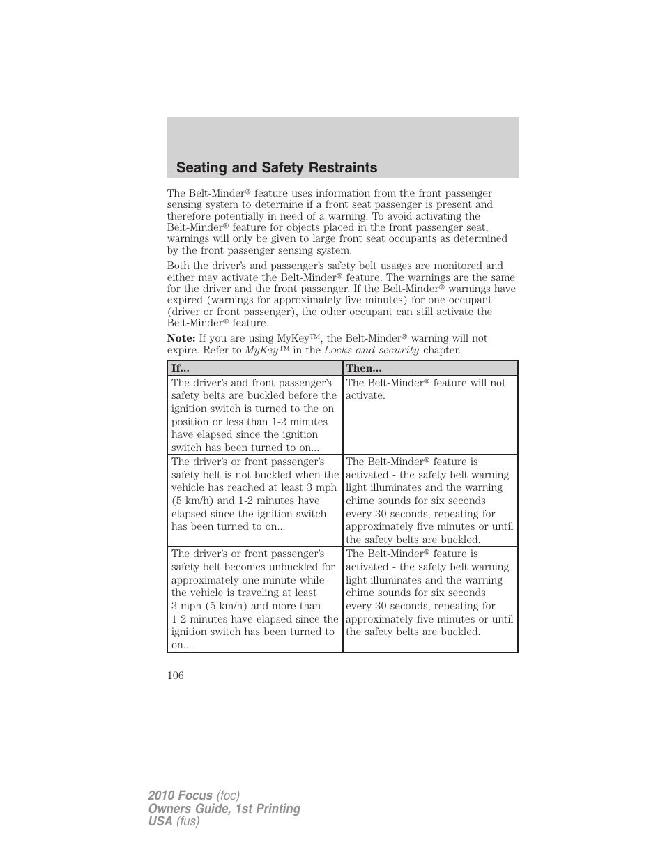 Seating and safety restraints | FORD 2010 Focus v.1 User Manual | Page 106 / 275