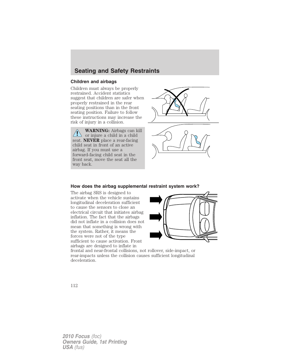 Children and airbags, Seating and safety restraints | FORD 2010 Focus v.1 User Manual | Page 112 / 275