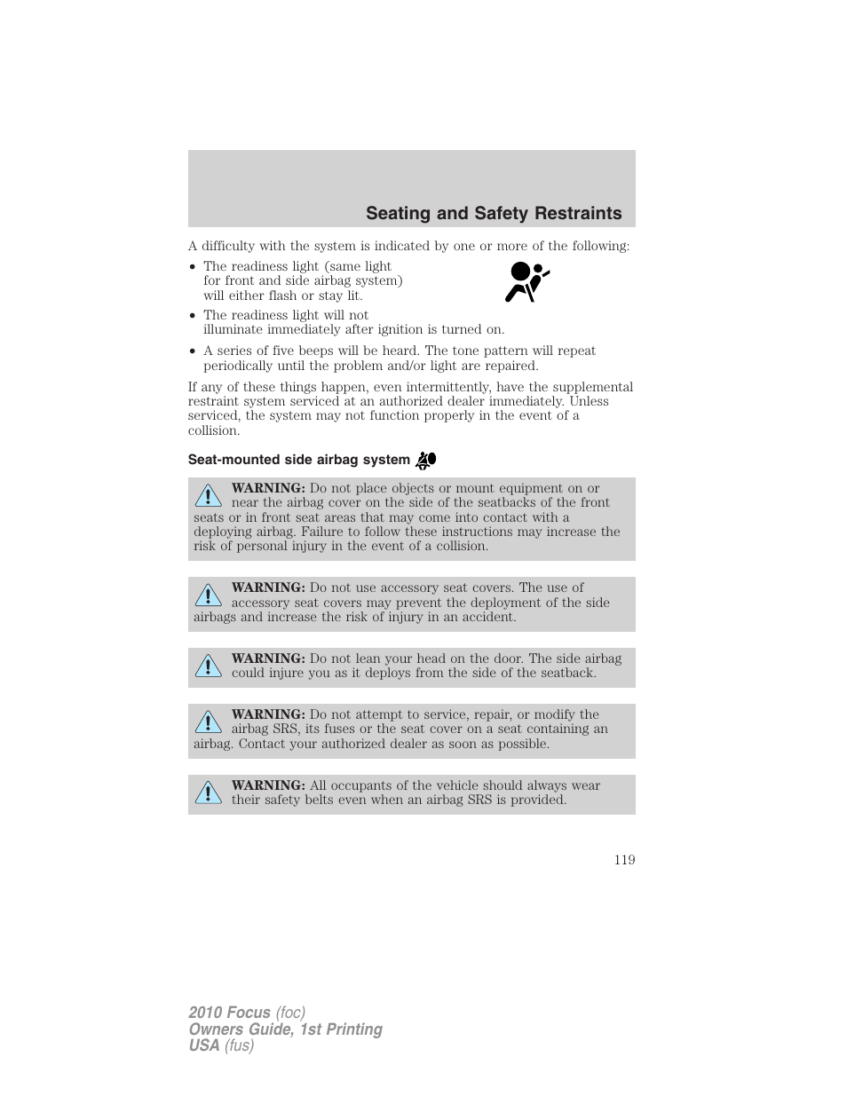 Seat-mounted side airbag system, Seating and safety restraints | FORD 2010 Focus v.1 User Manual | Page 119 / 275