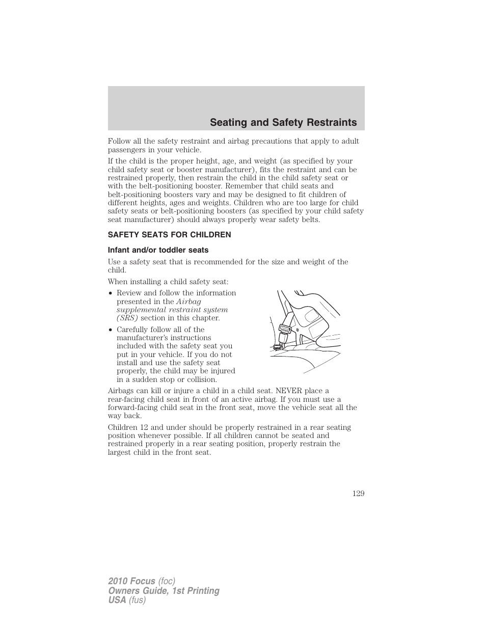 Safety seats for children, Infant and/or toddler seats, Seating and safety restraints | FORD 2010 Focus v.1 User Manual | Page 129 / 275