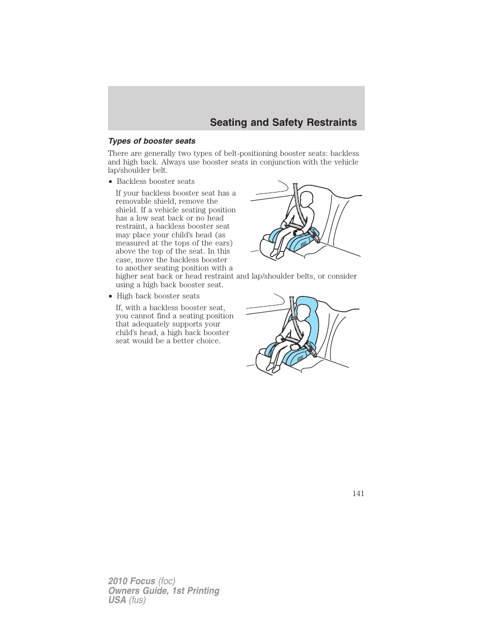 Types of booster seats, Seating and safety restraints | FORD 2010 Focus v.1 User Manual | Page 141 / 275