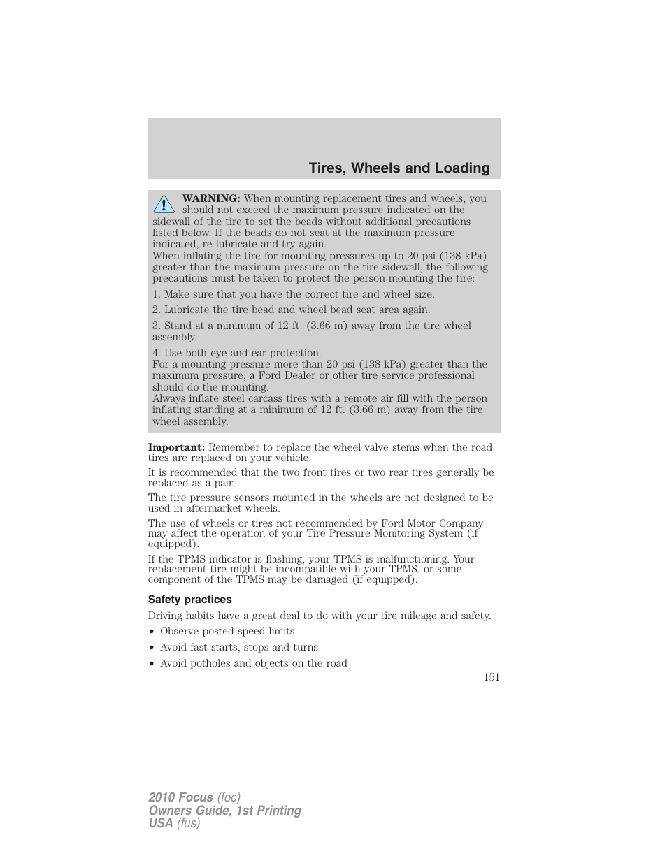 Safety practices, Tires, wheels and loading | FORD 2010 Focus v.1 User Manual | Page 151 / 275