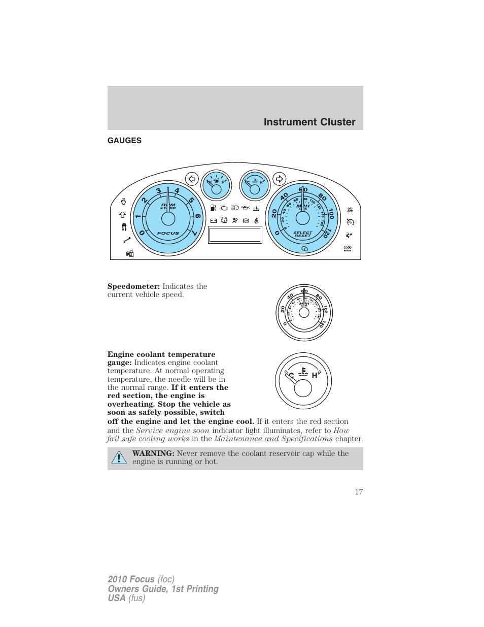 Gauges, Instrument cluster | FORD 2010 Focus v.1 User Manual | Page 17 / 275