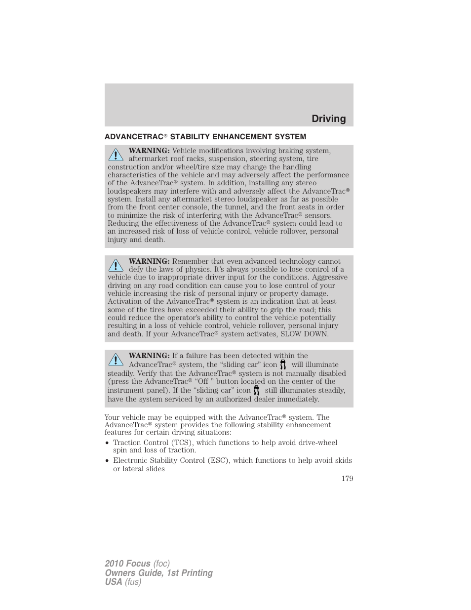 Advancetrac stability enhancement system, Advancetrac, Driving | FORD 2010 Focus v.1 User Manual | Page 179 / 275