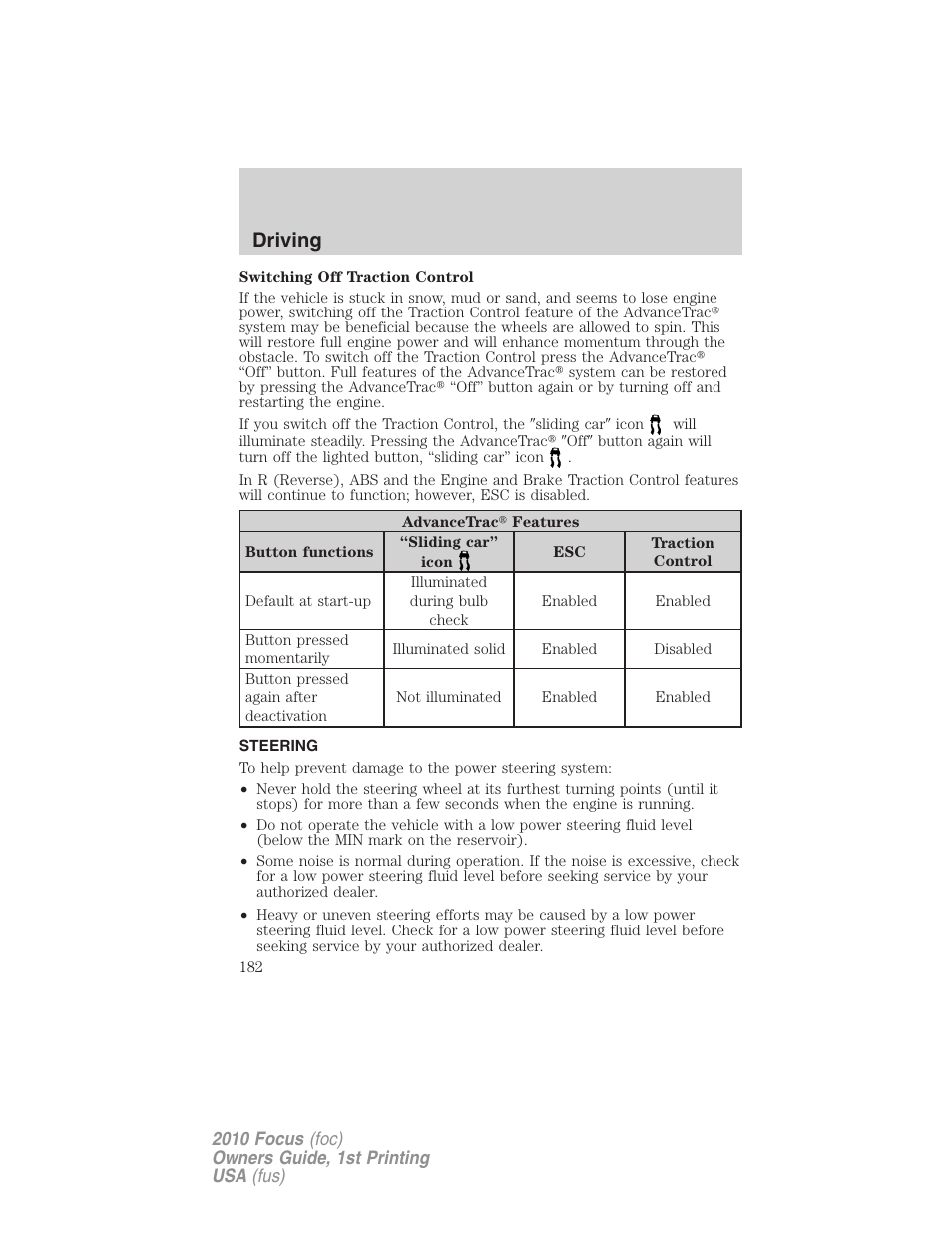 Steering, Driving | FORD 2010 Focus v.1 User Manual | Page 182 / 275