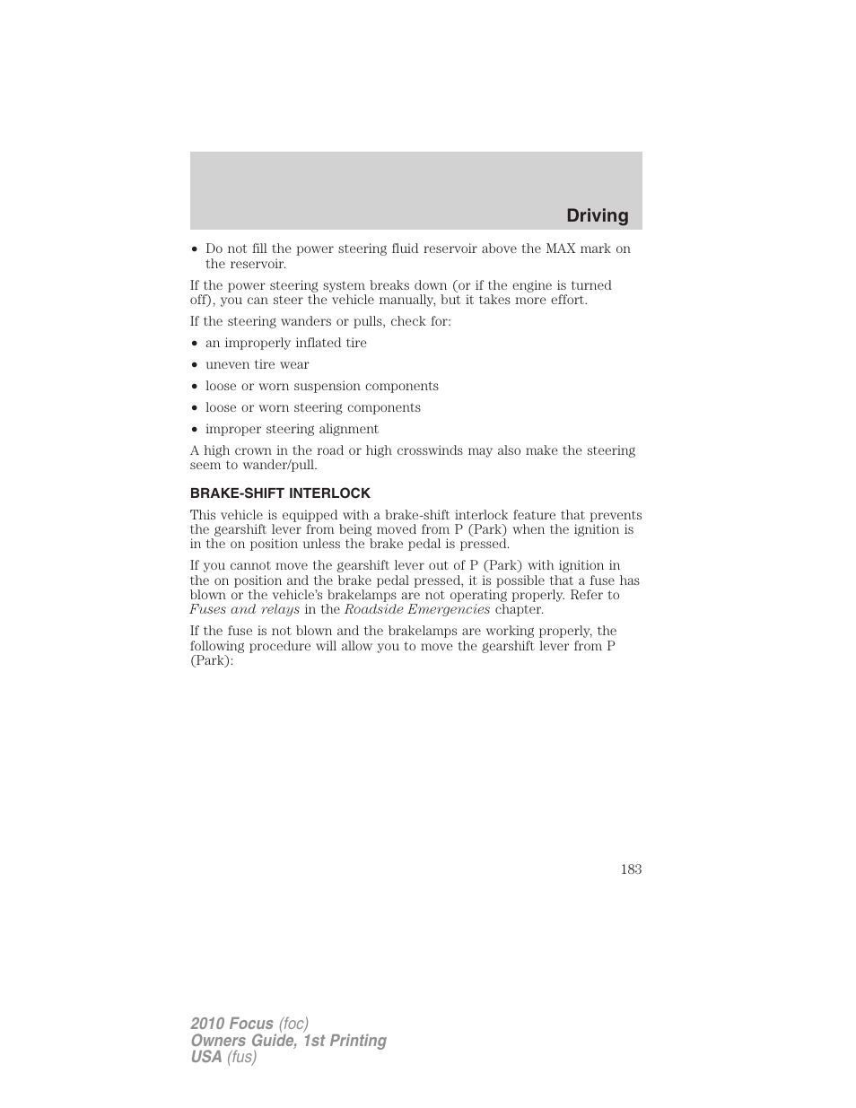 Brake-shift interlock, Driving | FORD 2010 Focus v.1 User Manual | Page 183 / 275