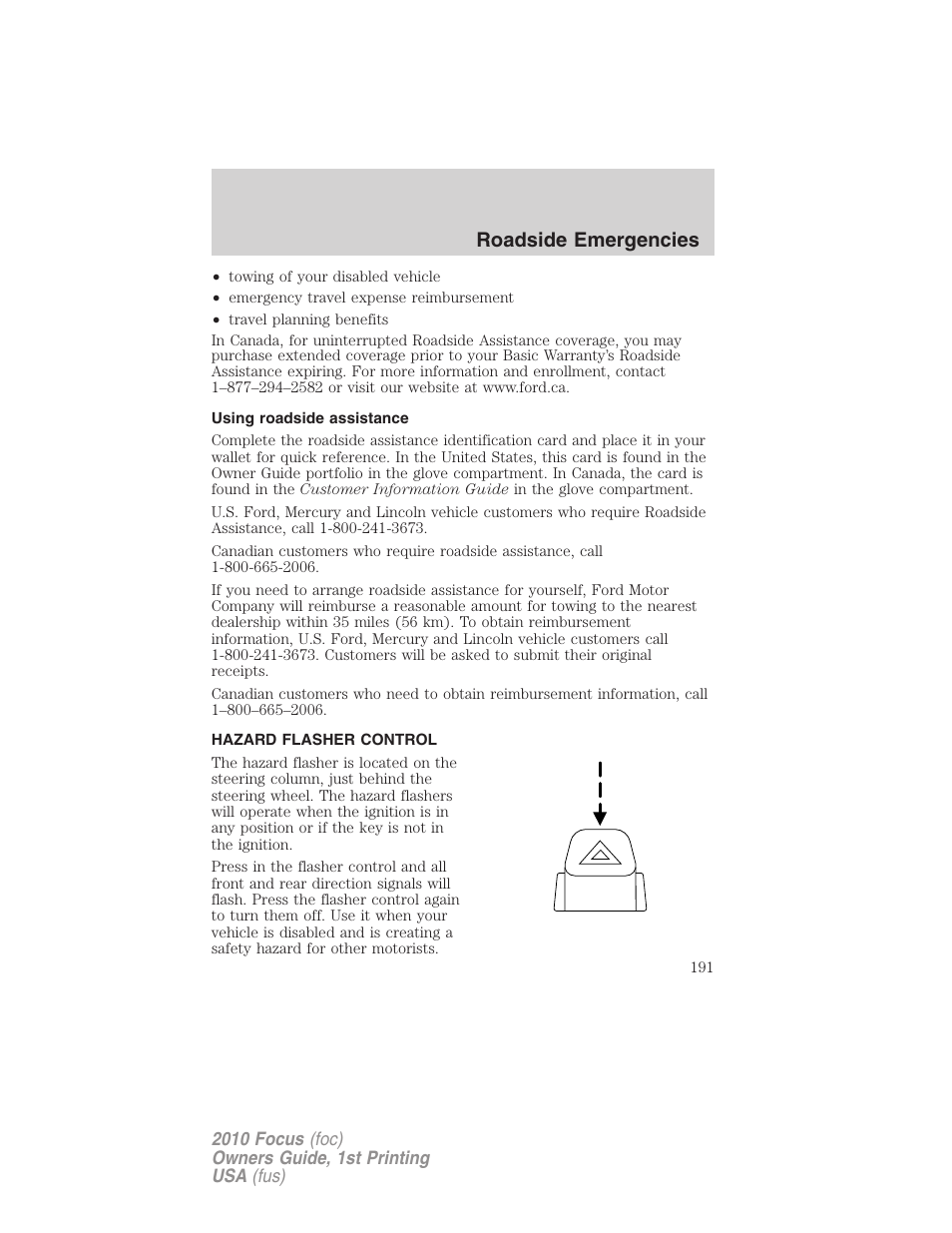 Using roadside assistance, Hazard flasher control, Roadside emergencies | FORD 2010 Focus v.1 User Manual | Page 191 / 275