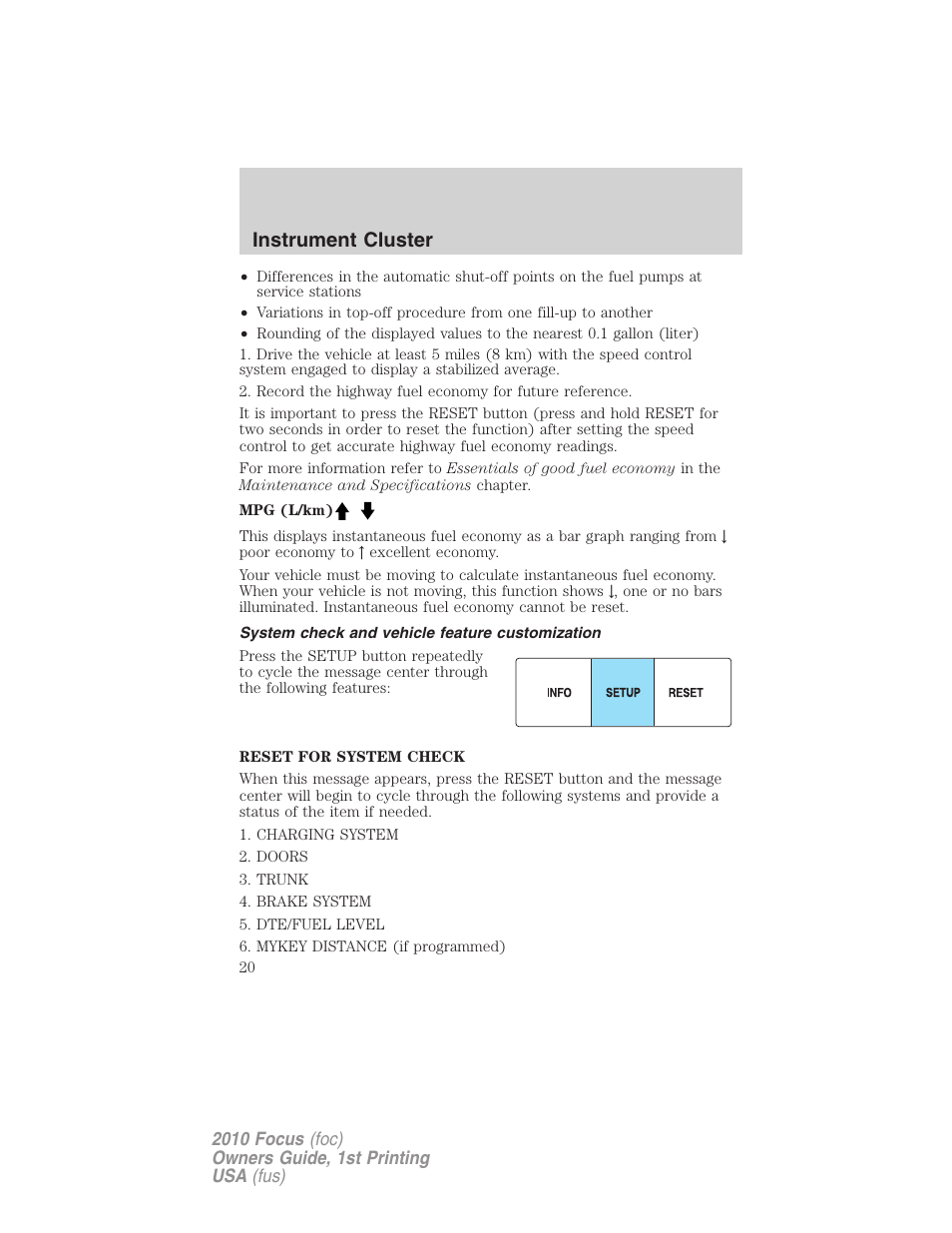 System check and vehicle feature customization, Instrument cluster | FORD 2010 Focus v.1 User Manual | Page 20 / 275