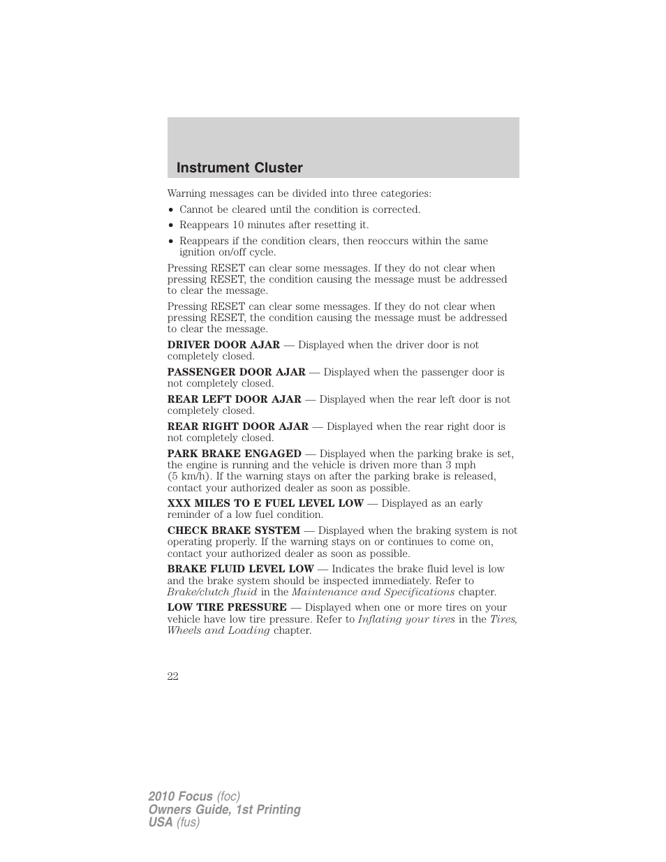 Instrument cluster | FORD 2010 Focus v.1 User Manual | Page 22 / 275