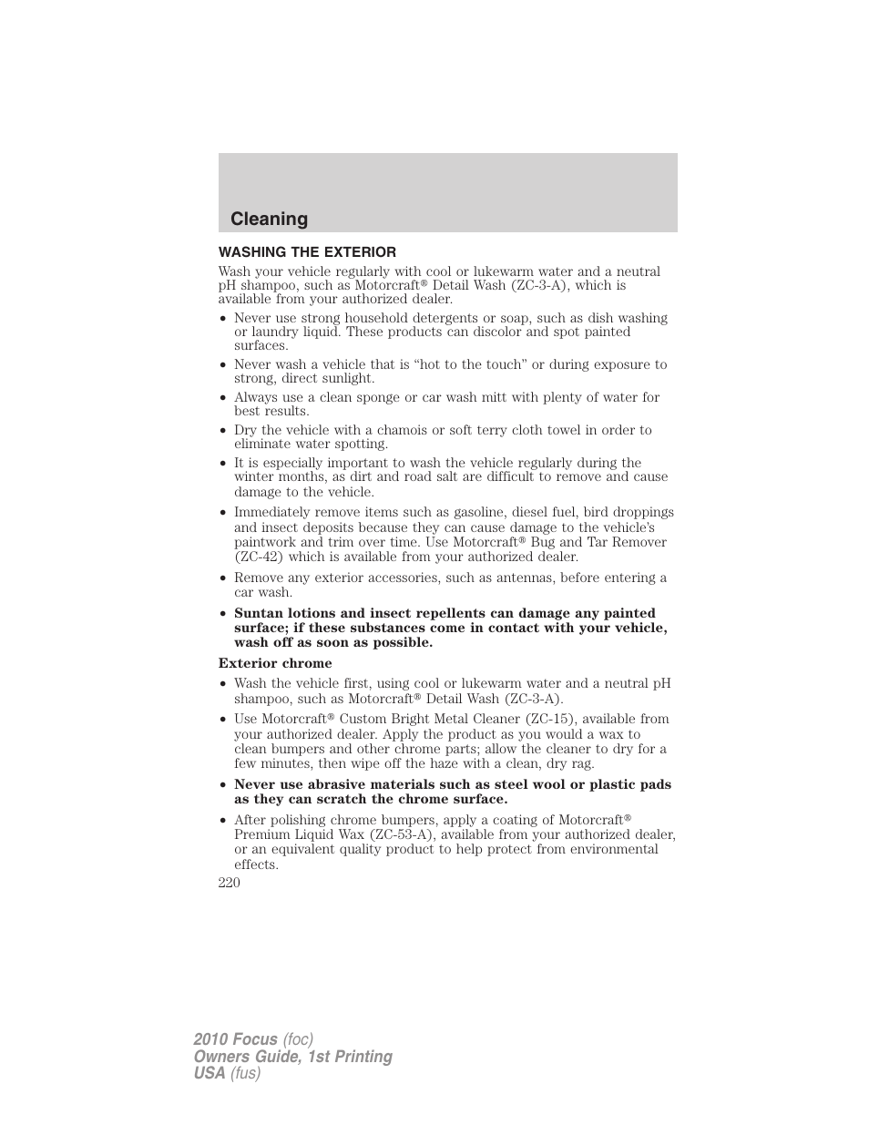 Cleaning, Washing the exterior | FORD 2010 Focus v.1 User Manual | Page 220 / 275