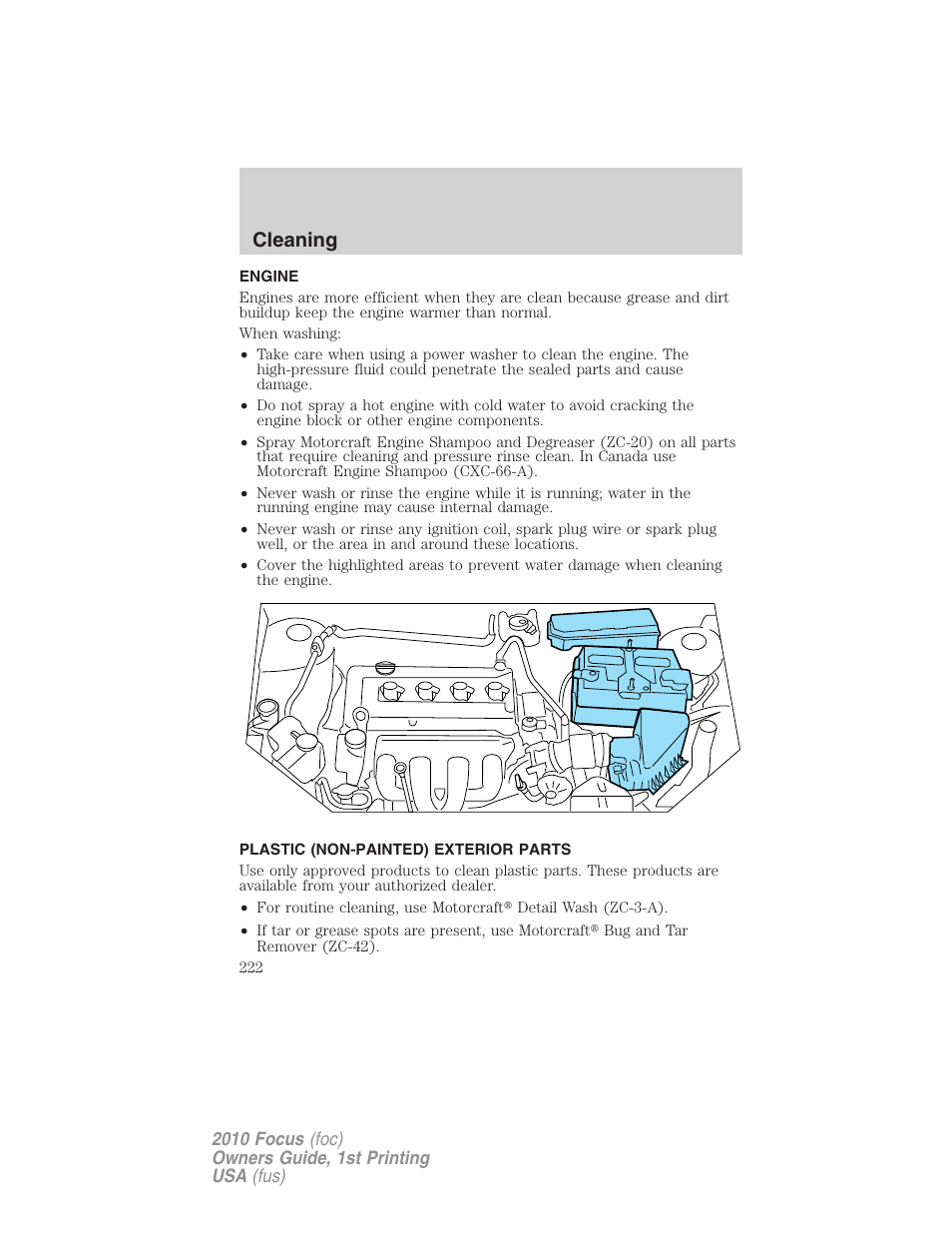 Engine, Plastic (non-painted) exterior parts, Cleaning | FORD 2010 Focus v.1 User Manual | Page 222 / 275