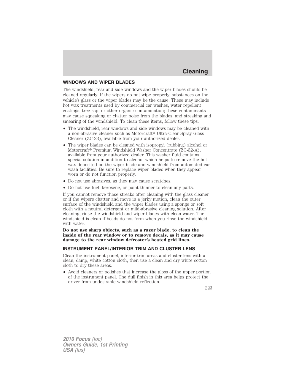 Windows and wiper blades, Instrument panel/interior trim and cluster lens, Cleaning | FORD 2010 Focus v.1 User Manual | Page 223 / 275