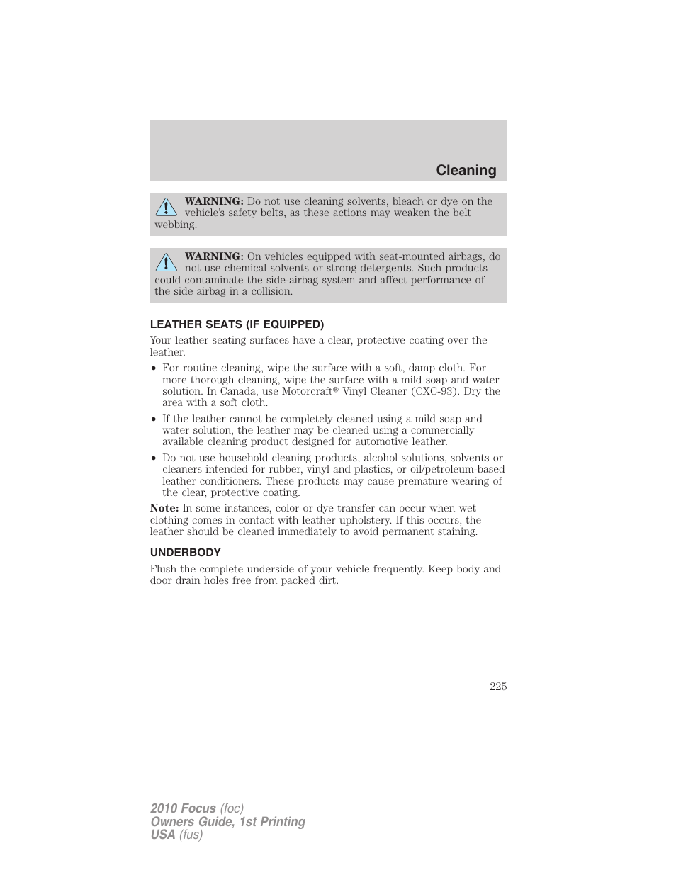 Leather seats (if equipped), Underbody, Cleaning | FORD 2010 Focus v.1 User Manual | Page 225 / 275