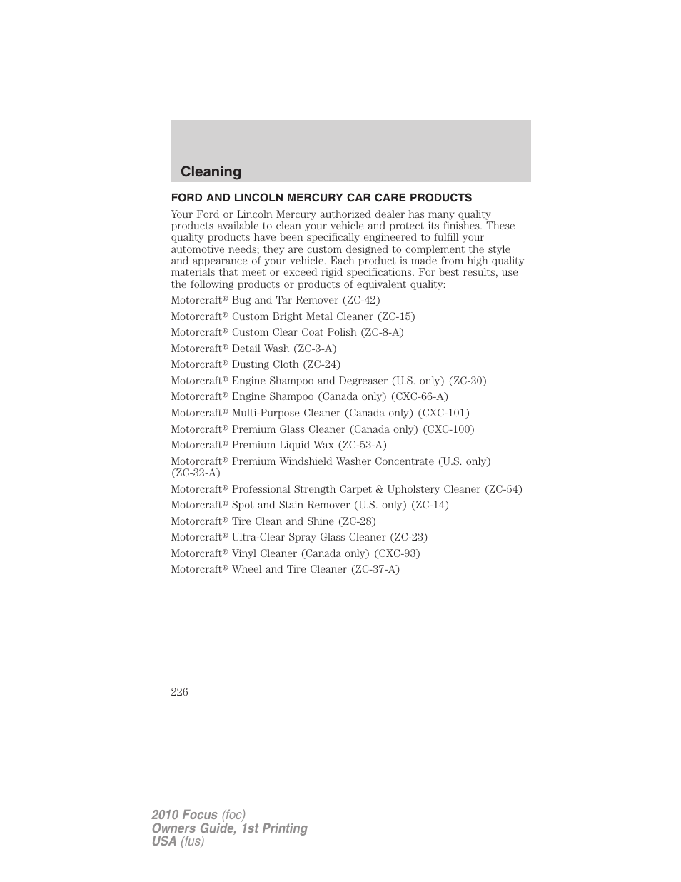 Ford and lincoln mercury car care products, Cleaning | FORD 2010 Focus v.1 User Manual | Page 226 / 275