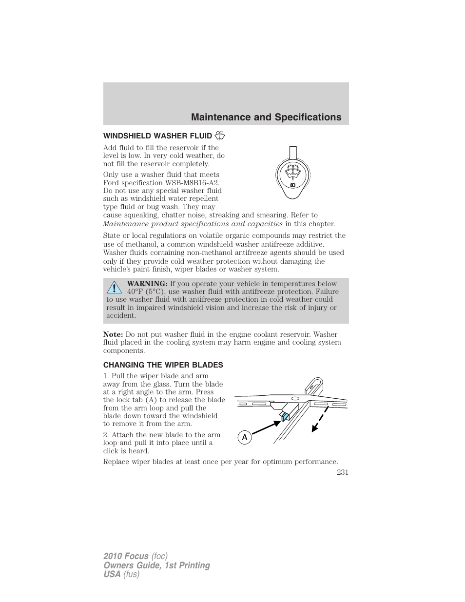 Windshield washer fluid, Changing the wiper blades, Maintenance and specifications | FORD 2010 Focus v.1 User Manual | Page 231 / 275