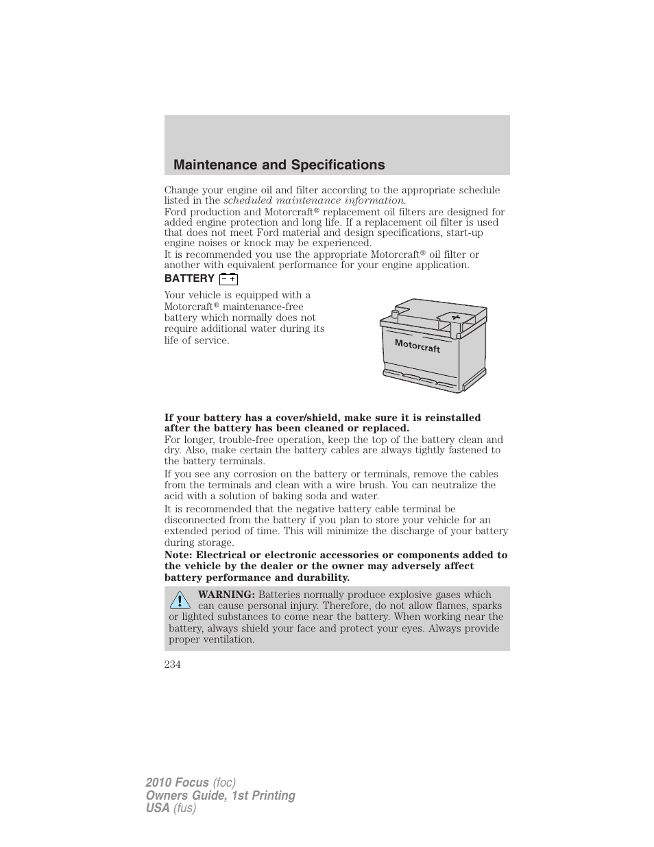 Battery, Maintenance and specifications | FORD 2010 Focus v.1 User Manual | Page 234 / 275
