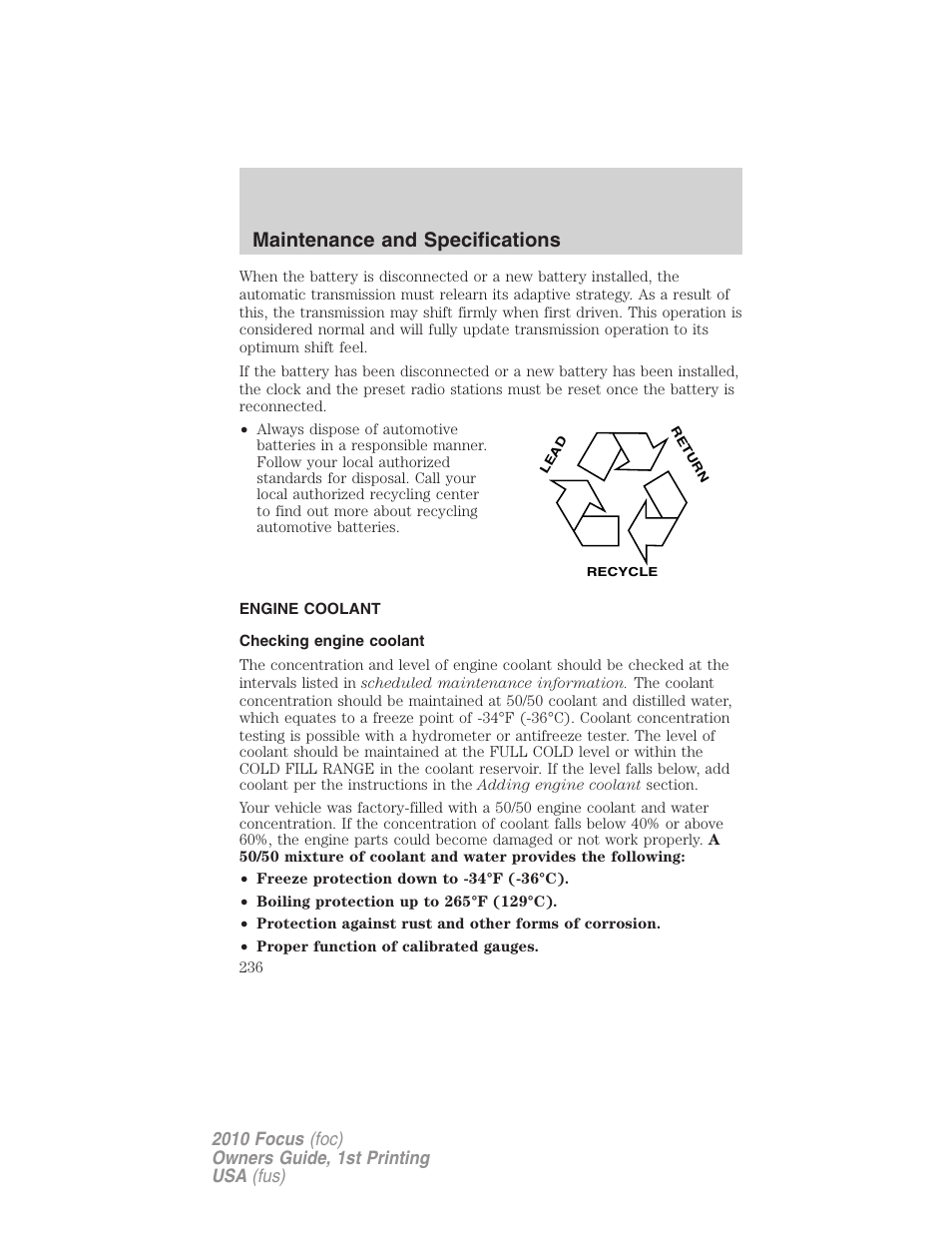 Engine coolant, Checking engine coolant, Maintenance and specifications | FORD 2010 Focus v.1 User Manual | Page 236 / 275