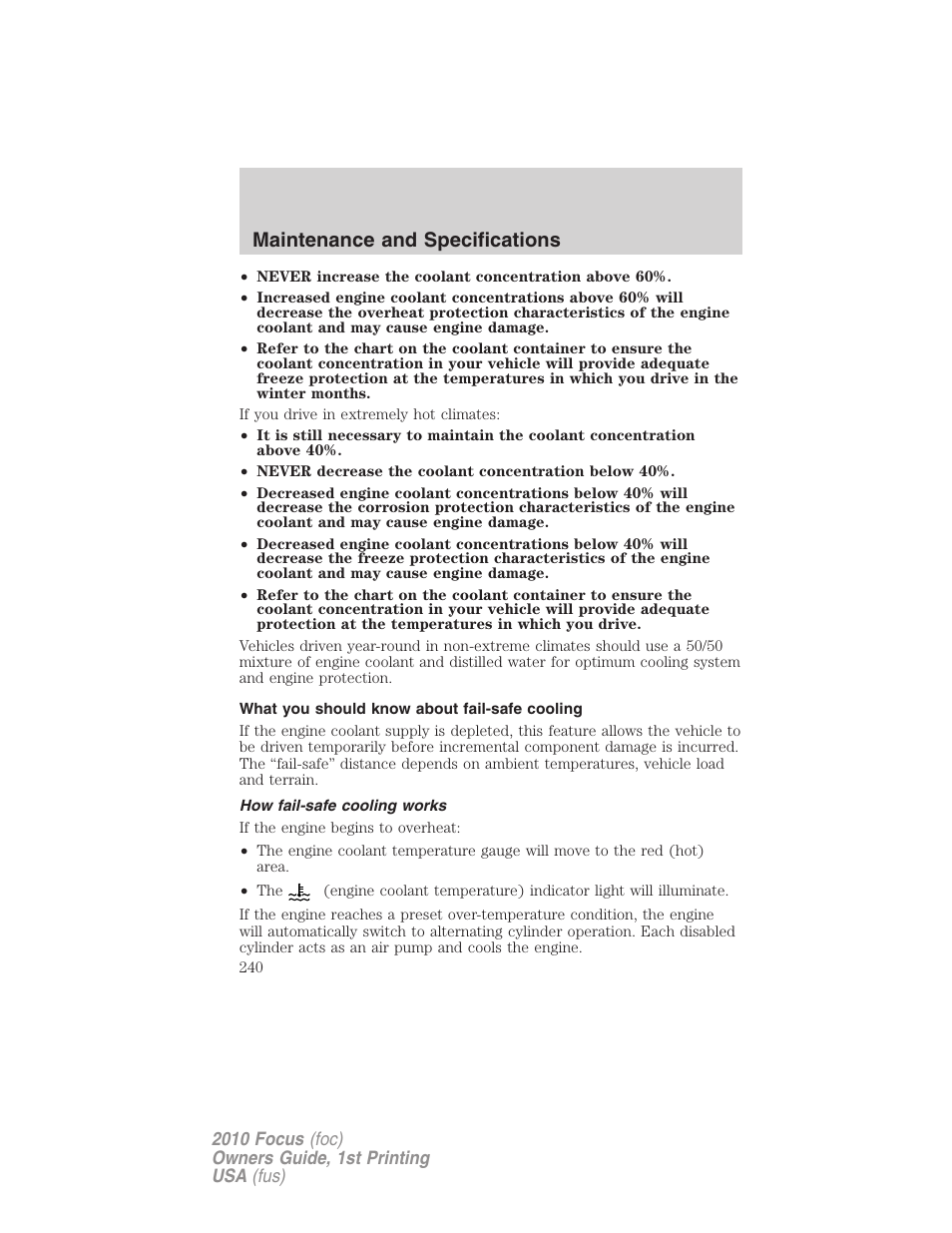 What you should know about fail-safe cooling, How fail-safe cooling works, Maintenance and specifications | FORD 2010 Focus v.1 User Manual | Page 240 / 275