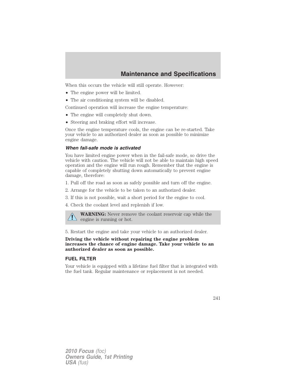 When fail-safe mode is activated, Fuel filter, Maintenance and specifications | FORD 2010 Focus v.1 User Manual | Page 241 / 275