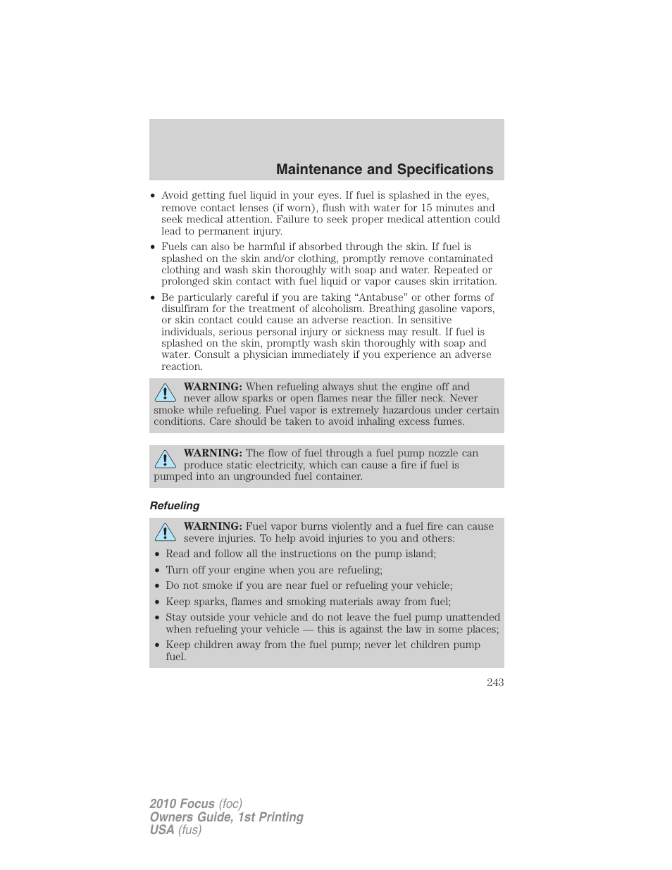 Refueling, Maintenance and specifications | FORD 2010 Focus v.1 User Manual | Page 243 / 275