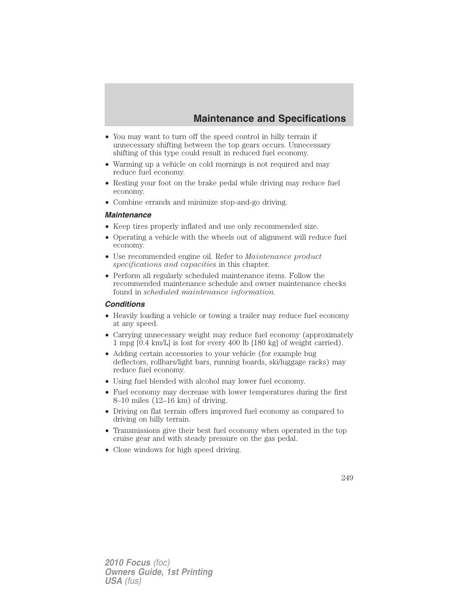 Maintenance, Conditions, Maintenance and specifications | FORD 2010 Focus v.1 User Manual | Page 249 / 275