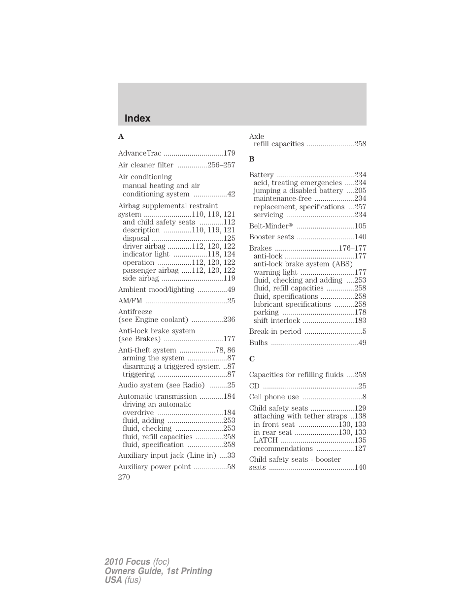 Index | FORD 2010 Focus v.1 User Manual | Page 270 / 275