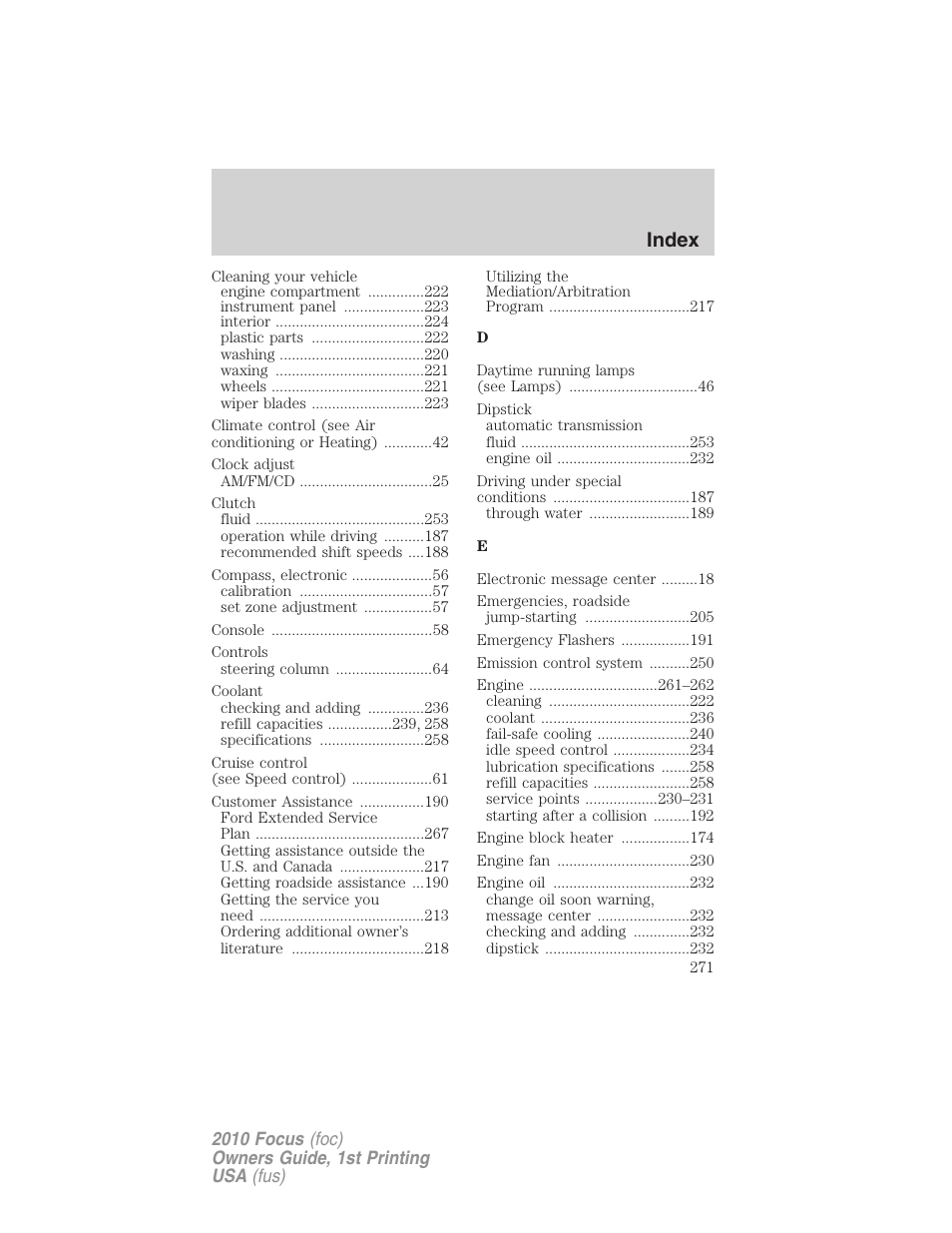 Index | FORD 2010 Focus v.1 User Manual | Page 271 / 275