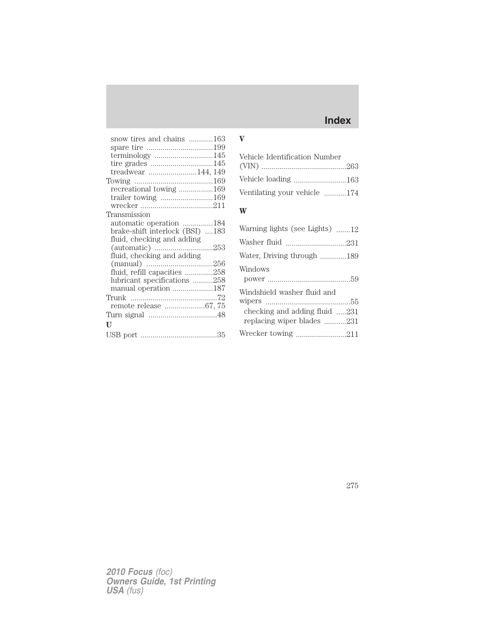 Index | FORD 2010 Focus v.1 User Manual | Page 275 / 275