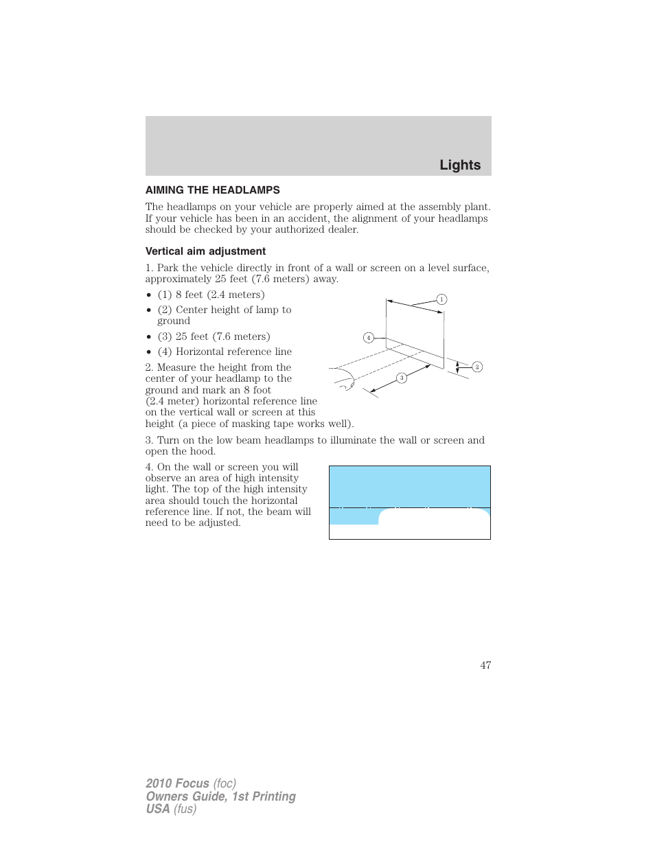 Aiming the headlamps, Vertical aim adjustment, Lights | FORD 2010 Focus v.1 User Manual | Page 47 / 275