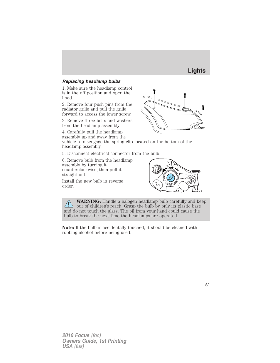 Replacing headlamp bulbs, Lights | FORD 2010 Focus v.1 User Manual | Page 51 / 275
